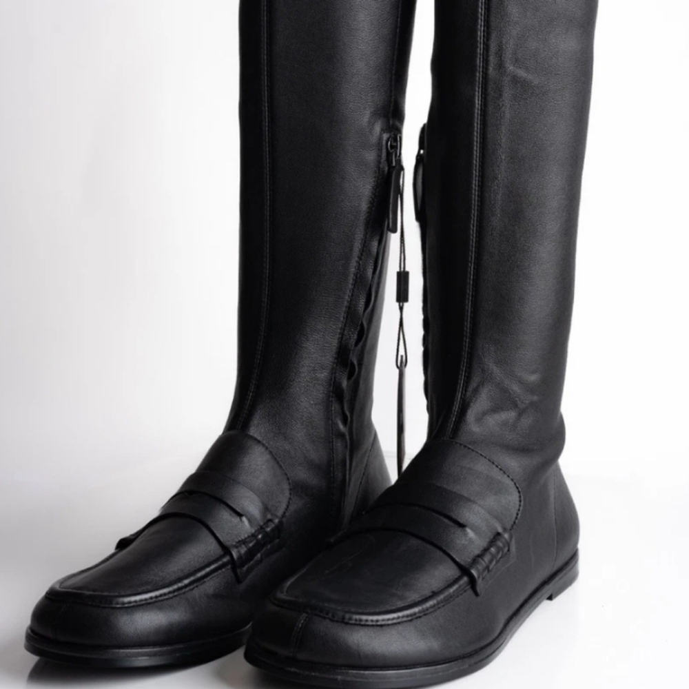 Massimo Dutti Knee High Stretch, FLATLoafer Style Leather Boot.  Women's 8